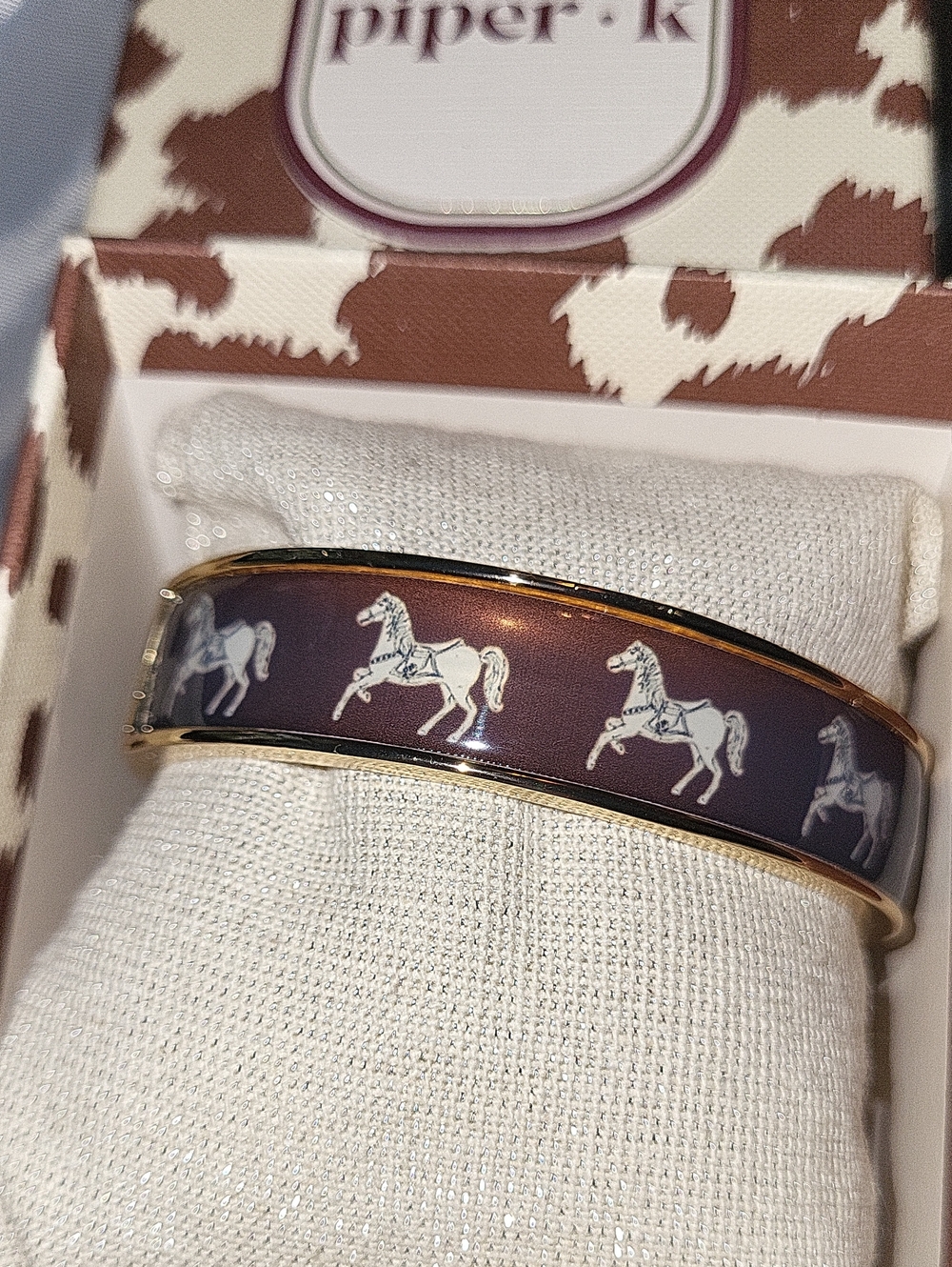 Piper K White Horse Motif HINGED bracelet Cocoa Brown and Gold Trim Bnib Ta M